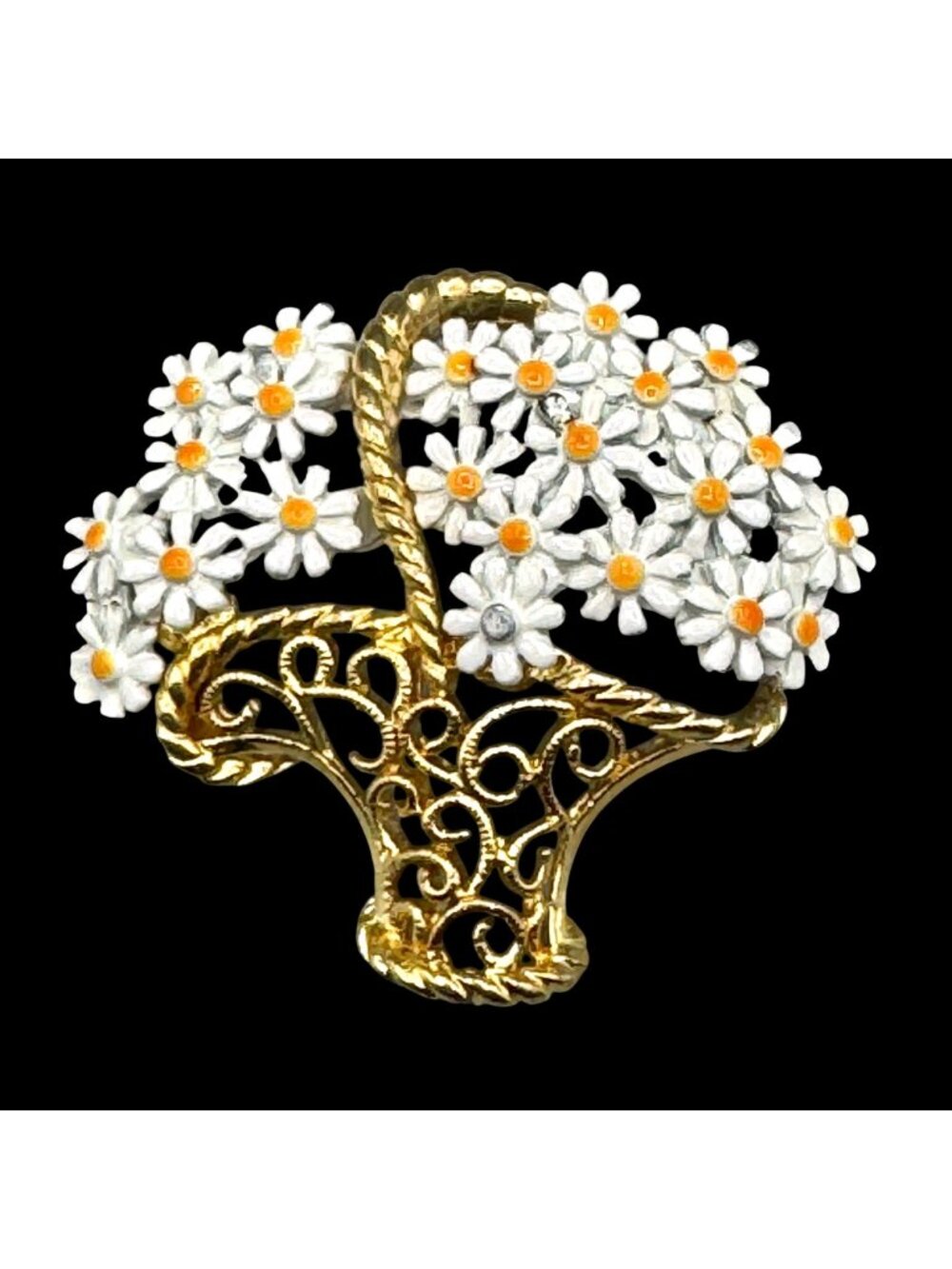 Vintage Floral Basket Brooch Gold Tone Enamel Daisy Filigree Cottage 1.75"